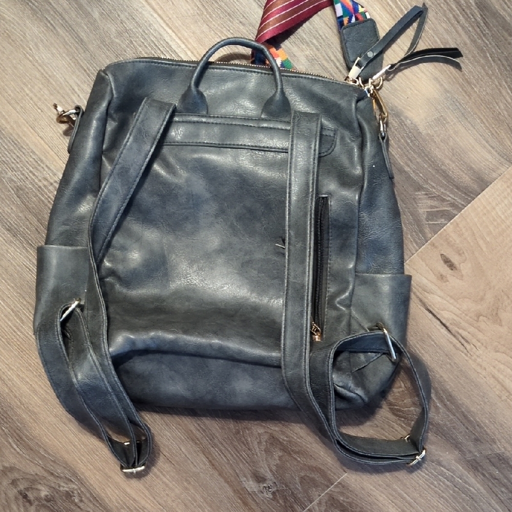 Gray Leather Backpack With Multicolor Strap - image 3